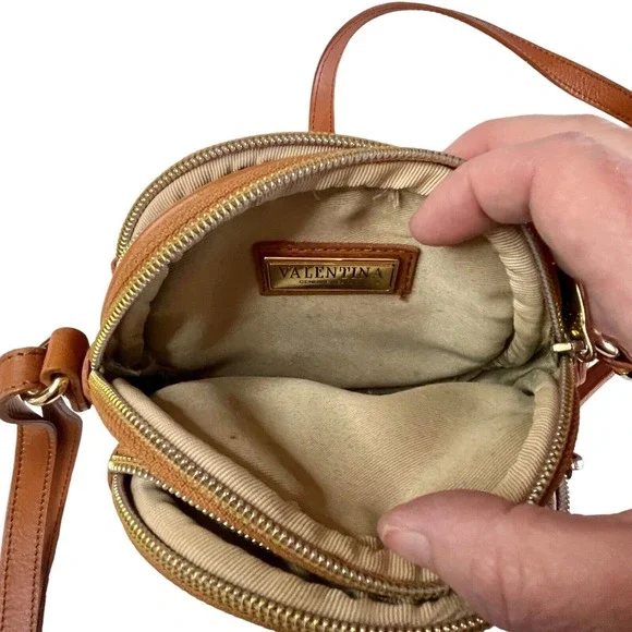 Valentina Leather Triple Entry Crossbody Purse Bag Mad in Italy Camel Color - Picture 7 of 11